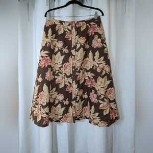 Chaps Brown, Cream And Pink Floral Linen And Cotton Midi Skirt Romantic